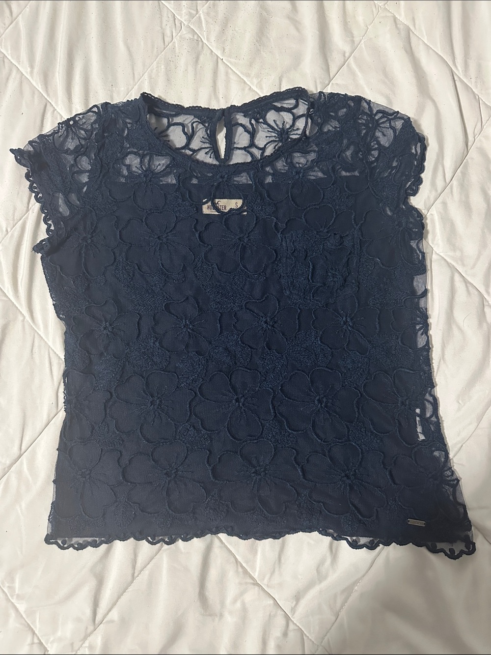 Hollister Navy Floral Lace Cap-Sleeve Top